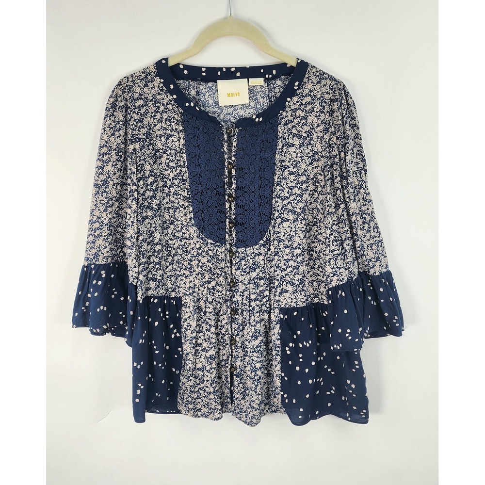 Maeve Anthropologie Hiver Top Women's 0 Blue 3/4 Sleeve Boho Peasant Blouse